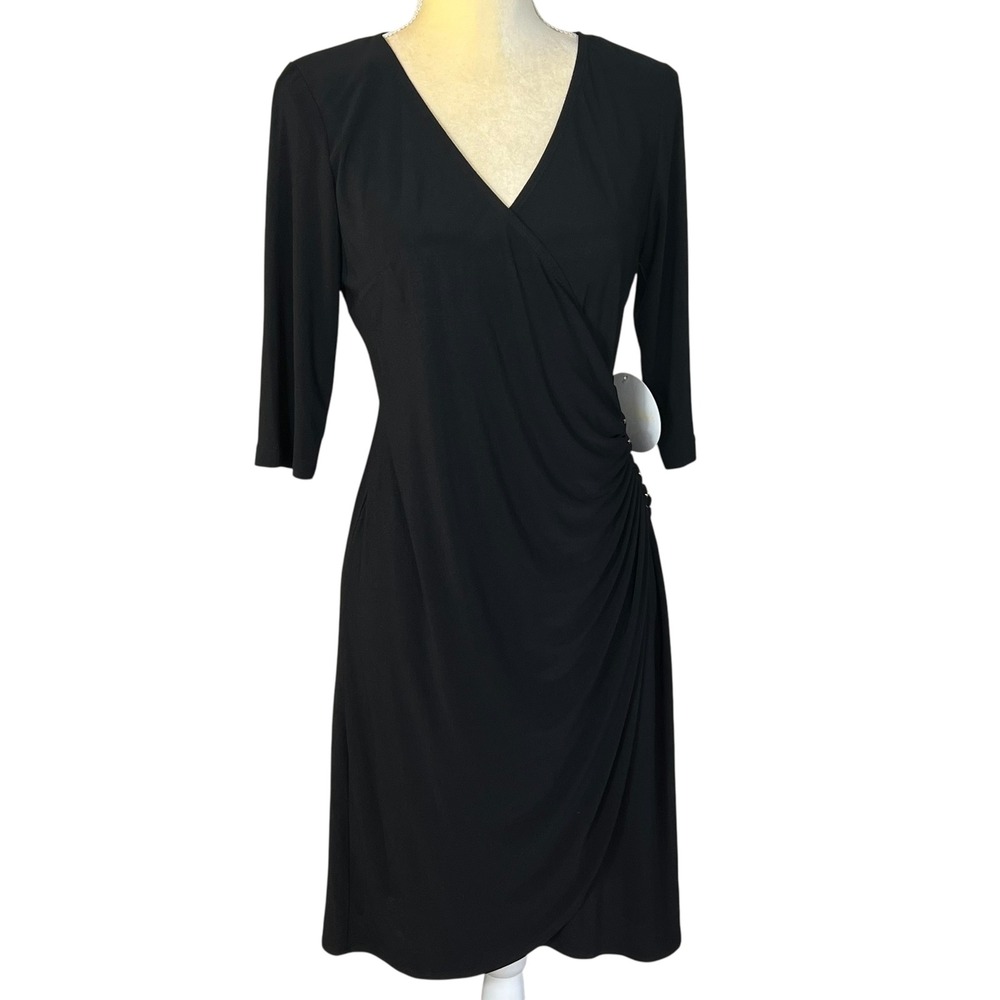 Emma & Michele Women's Black Dress‎ Sheath Ruched 3/4 Sleeve V Neck Cocktail S